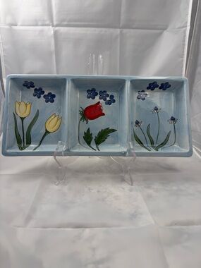 Light Blue Hand-Painted Triple Compartment Serving Tray with Floral Motif
